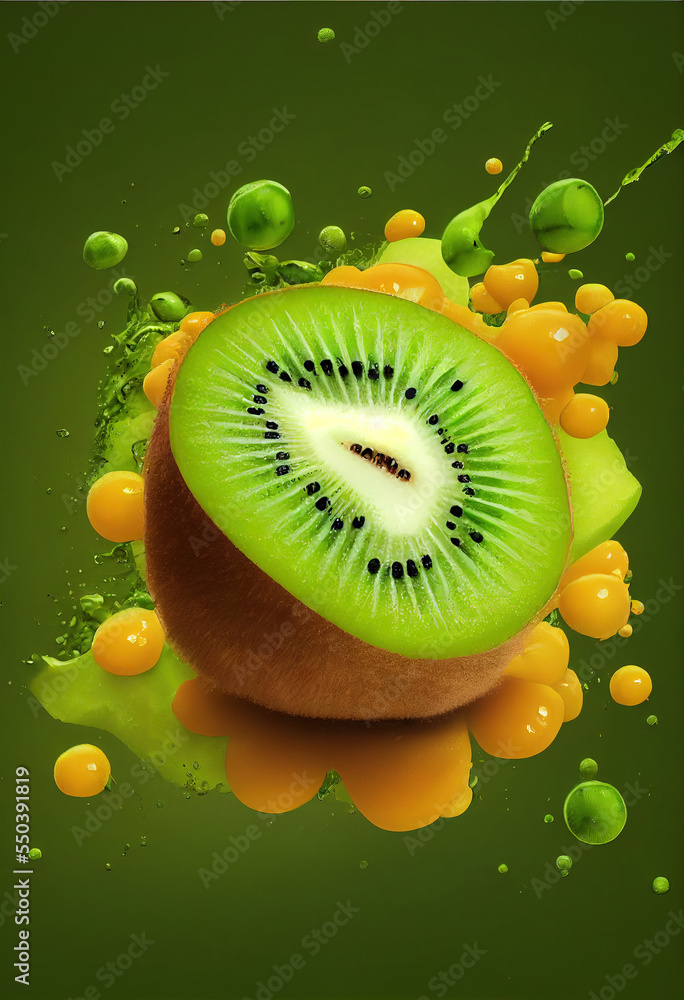 Poster a kiwi fruit sliced in half with a green background and orange drops of juice around it and a green 