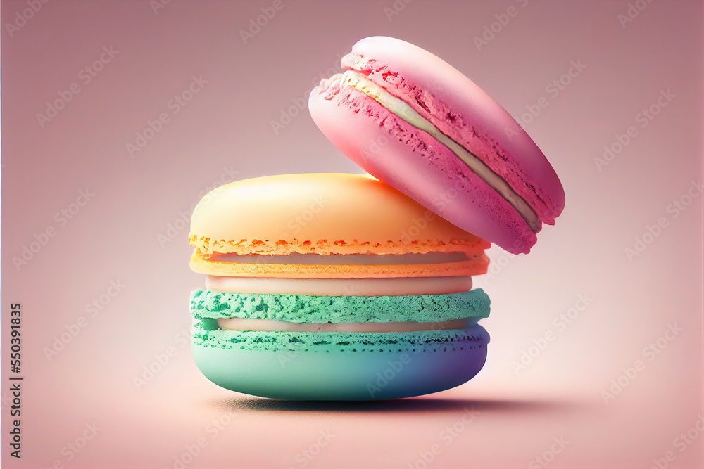 Poster a stack of three macaroons sitting on top of each other on a pink background with a pink background.