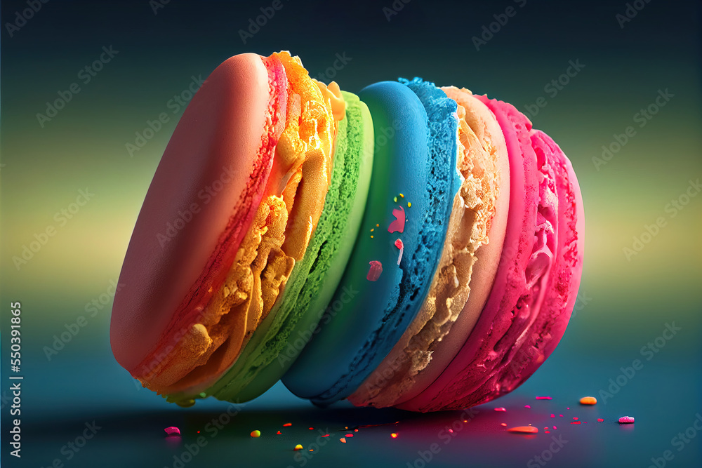 Poster a group of macaroons with different colors of icing on them and sprinkles on the ground. generative 