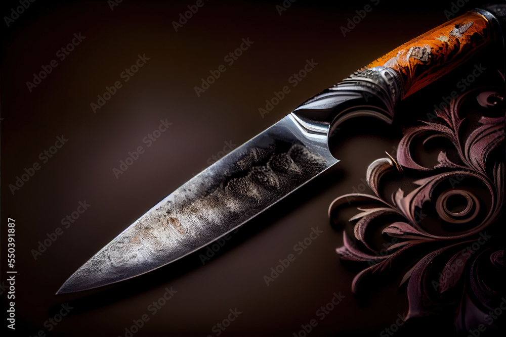 Poster a knife with a decorative handle on a table next to a knife blade with a flower design on it. genera