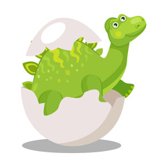 Fototapeta premium Hatching dinosaur from egg cartoon illustration. Funny green dino or dragon in egg shell on white background