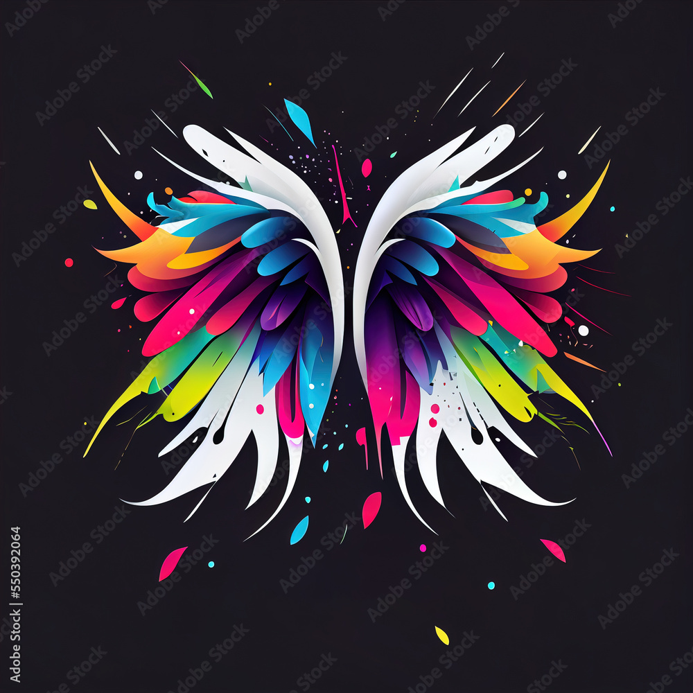 Poster a colorful wing with splatters and drops of paint on a black background with a black background and 