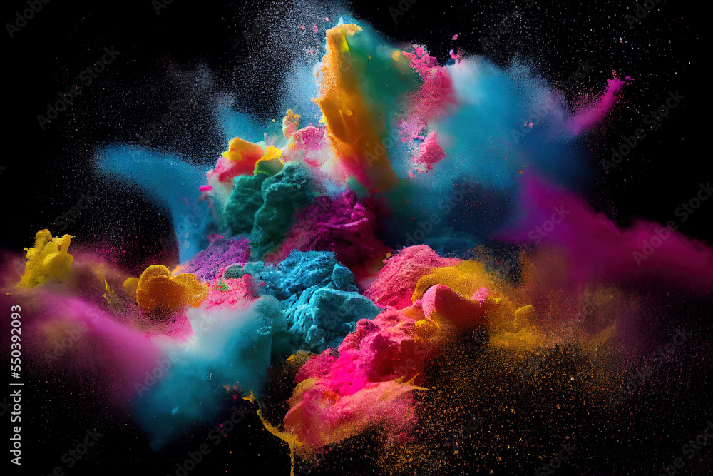 Poster a group of colored powders are mixed together in a black background with a black background and a bl
