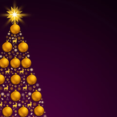 Christmas tree with golden balls isolated on purple background.