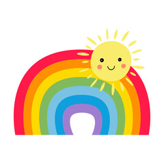 Rainbow vector illustration. Cute cloud and sun cartoon character isolated on white background