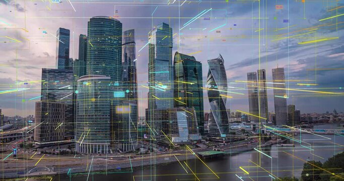 Aerial Drone Flight Hyperlapse Of Panoramic Skyline Of Metropolitan City Business Network Formation Futuristic Technology Ai 5g Network Drone Low Light 4k