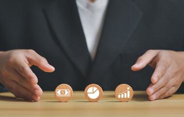 finance investment business concept with icon on wooden cube stack.growth chart graph,goal of success. Achievement concept