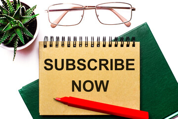 On a light background, gold-framed glasses, a flower in a pot, a green notebook, a red pen and a brown notebook with the text SUBSCRIBE NOW. Business concept