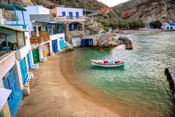 Traditional village of Firopotamos with the traditional boat-garages called Syrmata, in Milos...