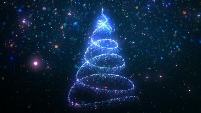 Glowing stylized bright particle Christmas tree with falling snowflakes on the background. New Year festive modern composition. Looped