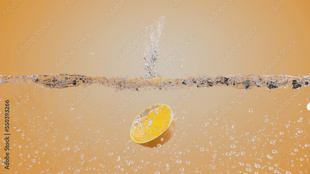 Aufkleber orange slice drop to the pure water and splash with 3d rendering on orange color background.