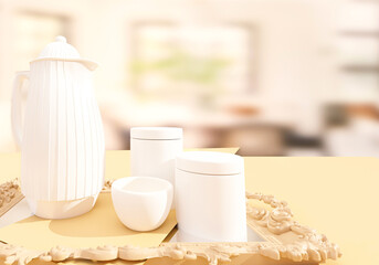 White tray kitchen utensils: jug, porcelain glasses. Gastronomy and cooking. 3d illustration.