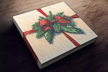 Christmas gift box with red ribbon, bow and sprigs of fir tree, generated art