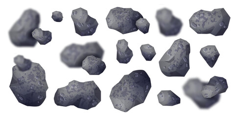 3D asteroid set, vector space coal kit, cosmos game meteorite clipart, sci-fi moon stone collection. Universe astronomy rocks, grey flying meteoroid texture. 3D asteroid debris belt science concept