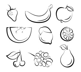 Set of fruit icons. Strawberry, banana, apple and watermelon, lemon, cherry, grape and pear. Outline silhouette isolated on white background.