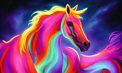 This portrait of a horse is rendered in a bold, modern style, with neon lights illuminating the subject from various angles. Generative AI