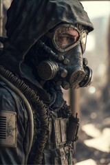 Epic apocalyptic portrait of soldier wearing a mask