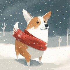 Corgi dog wearing red-white sequined Christmas scarf, in the snow