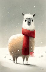 cute baby llama wearing red-white sequined Christmas scarf, in the snow