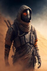 Portrait of future soldier wearing an armour in a beautiful dessert background