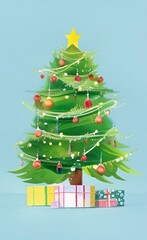 Digital watercolor painting christmas tree. Glowing decorations and celebration happiness 