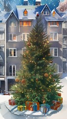 Digital watercolor painting christmas tree. Glowing decorations and celebration happiness 