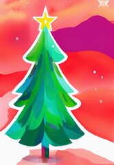 Digital watercolor painting christmas tree. Glowing decorations and celebration happiness 