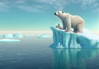Naklejka na ściany i meble A polar bear family with cubs is above an iceberg in the Arctic Ocean, where natural disasters caused by climate change and melting glaciers are occurring. 3D rendering.