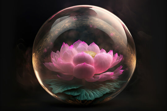 AI generated image of a beautiful pink lotus blooming inside an ornate glass orb 