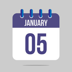 5 january calendar vector. Calendar icon for january with marked date. Design for schedules, meetings and appointments