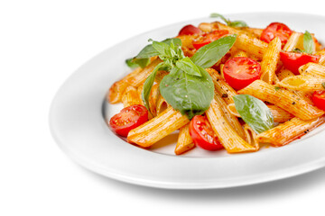 Tasty Italian pasta noodles dish in a white plate