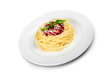 plate with spaghetti, sauce and basil on white background