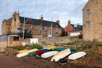 30 November 2022. Findhorn,Moray,Scotland. This is a collection of small rowing boats beached for...