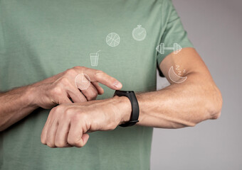 Fitness bracelet, smart watch, tracker on wrist. Man using, clicking on smartwatch for activity...