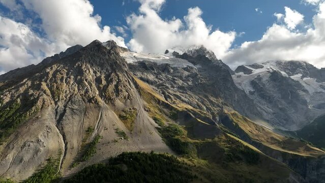 la Meije Glacier in french alps mountains aerial shot sunny day summer 