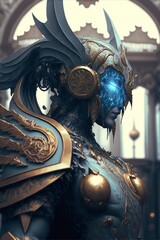 Epic seraph cyborg in a gold and light blue armor