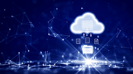 Data upload and transfer to digital cloud computing technology concept, data sheet management with large database capacity and high security. white cloud icon over polygon on dark blue background.