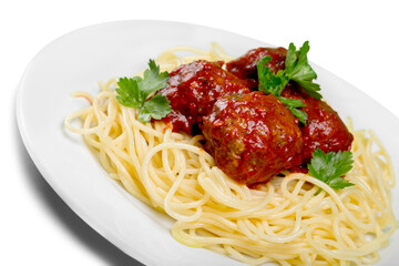 Spaghetti pasta with Meatballs, cose-up view