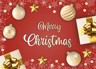 Fototapeta na wymiar Xmas card. Merry Christmas and Happy New Year. Xmas background with gift box, Snowflakes and balls design.
