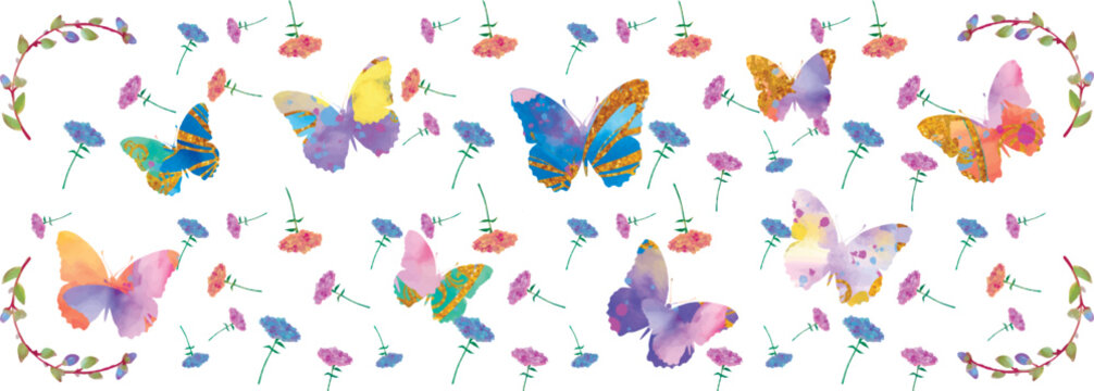 Butterflies, flowers watercolour pattern. Holiday, Valentines day, Easter, summer, spring, birthday template.