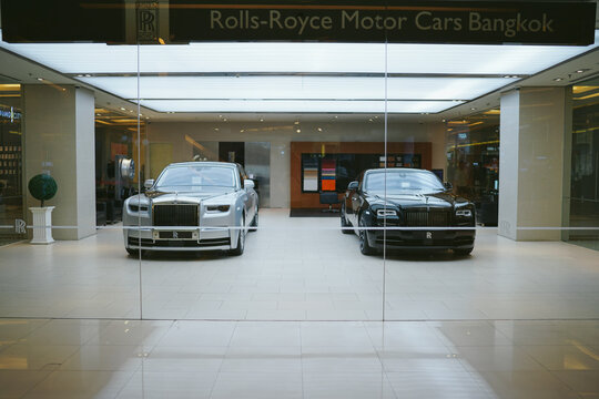 BANGKOK, THAILAND - JANUARY 19, 2019: Shop front of the Rolls-Royce Motor Cars Bangkok at Siam Parangon with 2 Rolls-Royve car display.