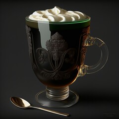 A delicious embossed glass of Irish Coffee with whipped cream, generated art