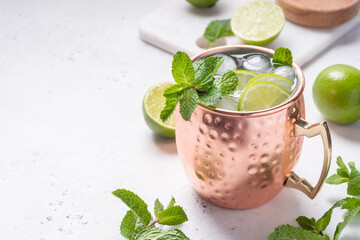 Moscow mule alcoholic cocktail in copper mug with lime, mint and cucumber