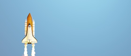 Space shuttle launch on blue sky background. Rocket starts into space