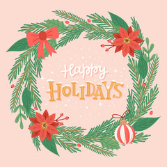 Christmas wreath with hand drawn elementa and lettering. Greeting card template. Festive vector illustration in flat cartoon style