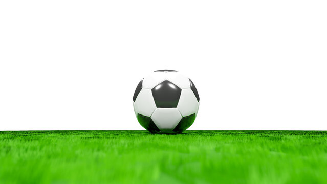 Soccer ball or Football at the center of a Green Grass Field. Close up. Space for content. 3D render.