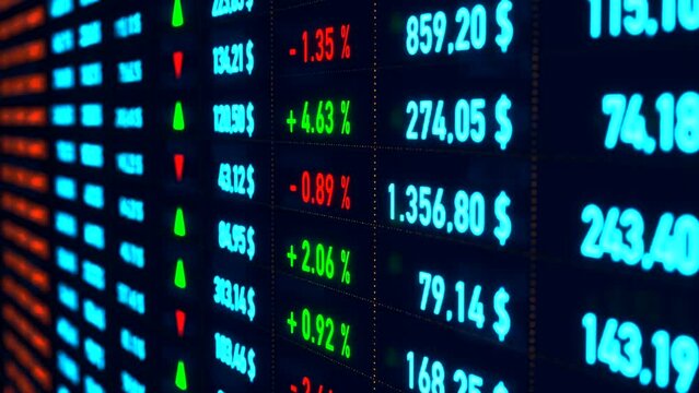 Business and stock exchange data on the screen. Information, percentage signs, numbers, stock prices, charts and changes. Trading screen, investment, financial figures and market data. 3D animation