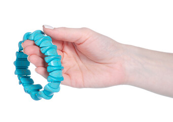 Stone bracelet gem in hand on white background isolation
