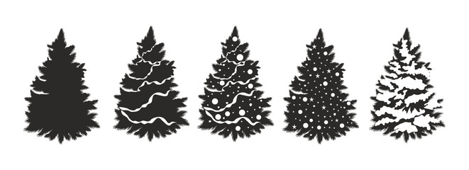 Naklejka na ściany i meble Set of Christmas tree silhouettes. Traditional holiday firs with ornaments and lights, Xmas spruce with festive decoration and snow. Monochrome black illustrations on transparent background. PNG.