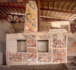 Paintings in the burial site of Lady of Cao, El Brujo archeological site, Trujillo, Peru. Moche pre-ispanic culture.